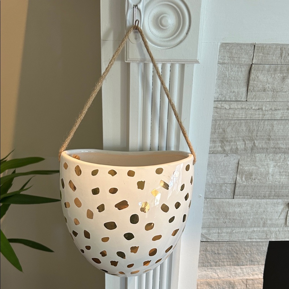 Elegant Ceramic White With Gold polka dots Hanging Planter